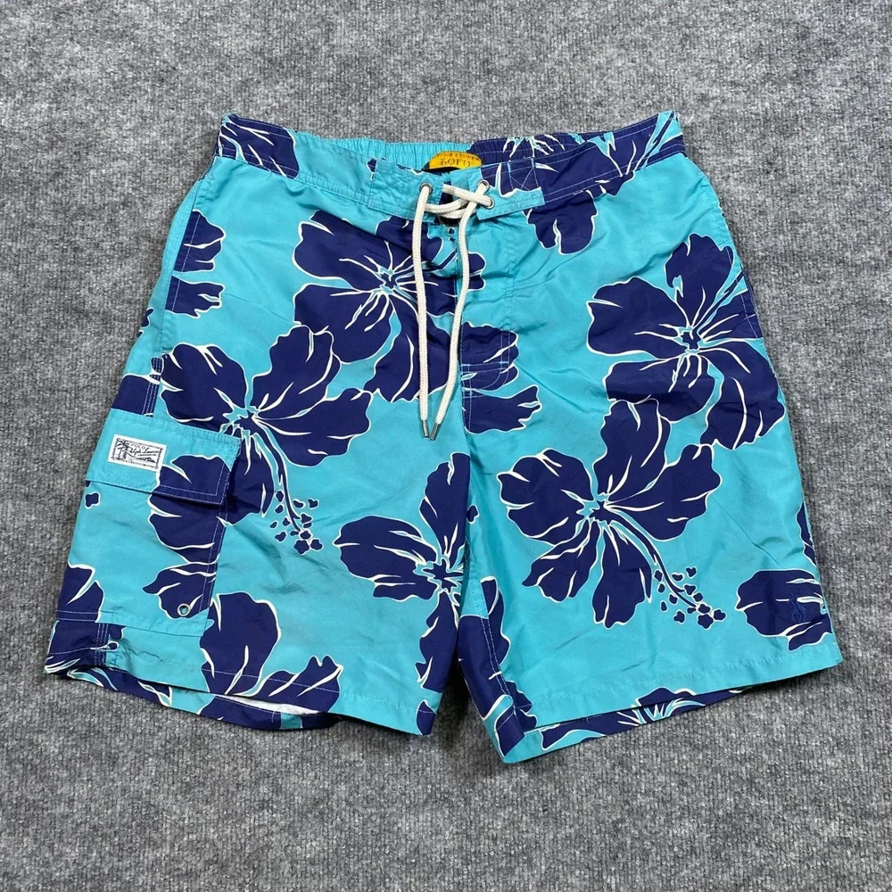 Polo Ralph Lauren Mens Floral Hibiscus Swim Trunks Turquoise Navy Blue Large‎